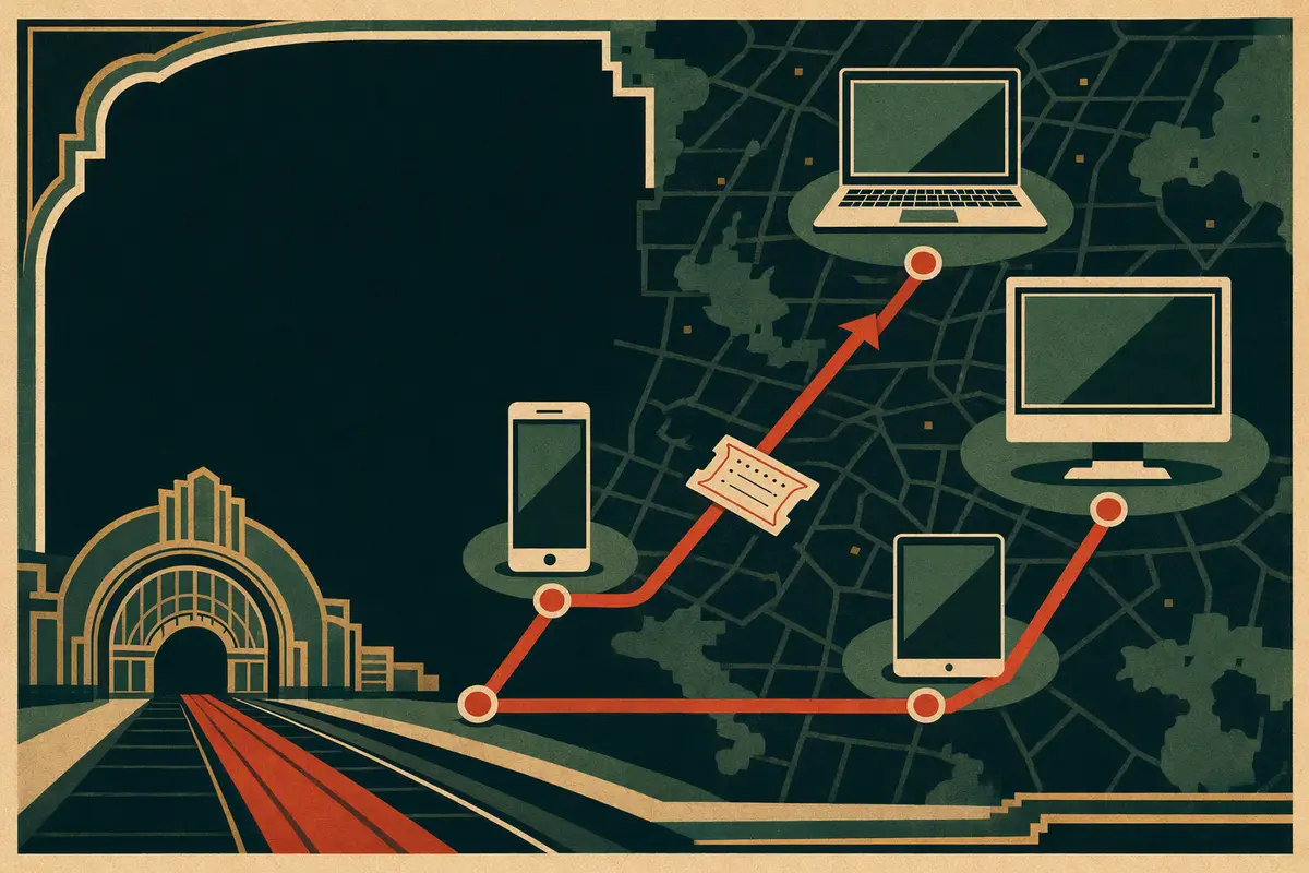 Art-deco route map connecting a phone, laptop, desktop, and tablet with a traveling paper ticket